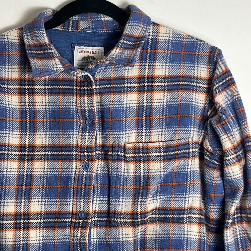American Eagle Flannel Medium Orange White Blue Plaid 100% Cotton Button Top